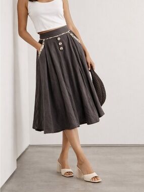 Annie Greenabelle Charcoal A-Line Midi Skirt with Floral-Trim Pockets